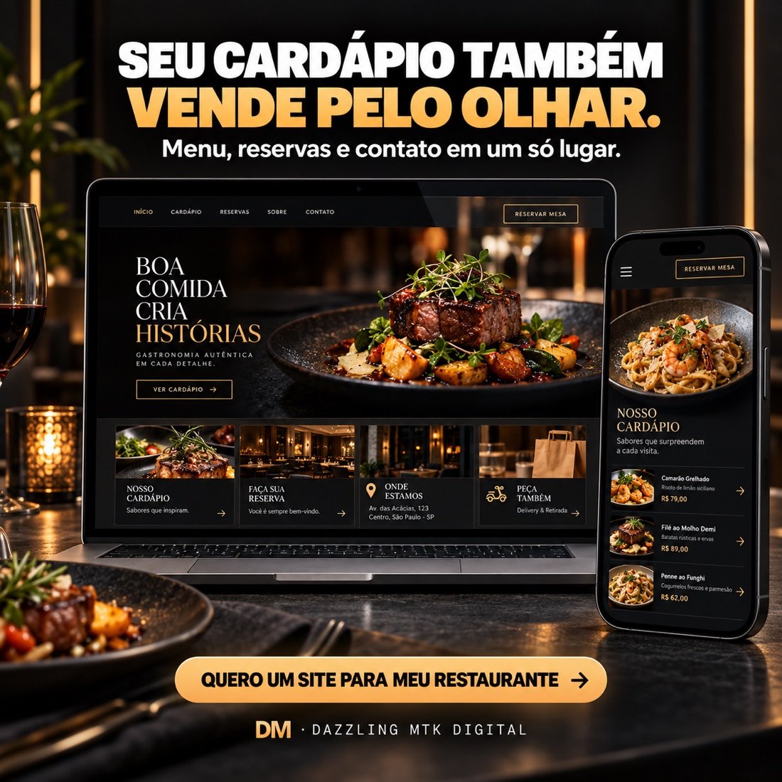 Modelo realista de site para restaurante, com cardápio e reservas